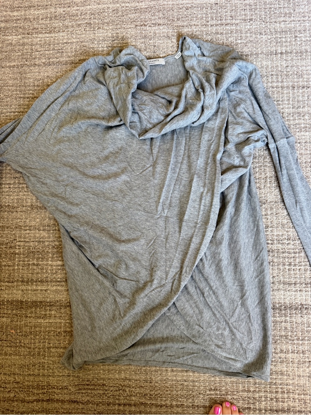 All Saints Heather Gray Draped Cowl Neck Knit Top